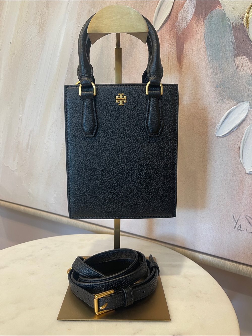 Tory Burch Black Mini Leather Tote with Gold Hardware